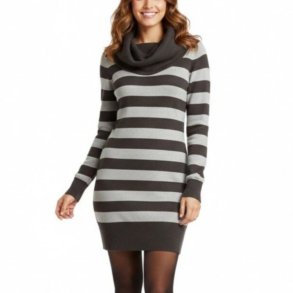 French Connection Size M Black Gray Striped Cowl Neck Long Sleeve Sweater Dress